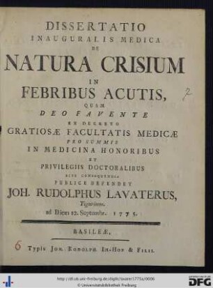 Dissertatio Inauguralis Medica De Natura Crisium In Febribus Acutis