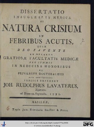 Dissertatio Inauguralis Medica De Natura Crisium In Febribus Acutis