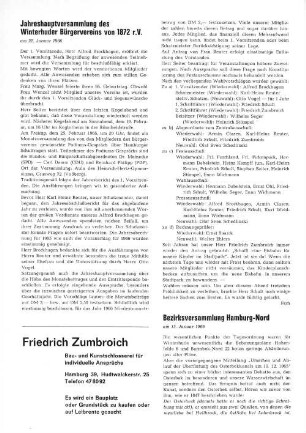 Jahreshauptversammlung des Winterhuder Bürgervereins von 1872 r.V.