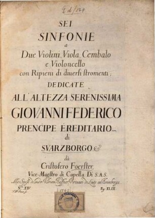 Sei sinfonie a due violini, viola, cembalo e violoncello con ripieni di diuversi stromenti