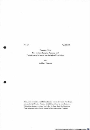 Planungszyklen : eine Untersuchung des Planungs- und Produktionsverhaltens in sozialistischen Wirtschaften
