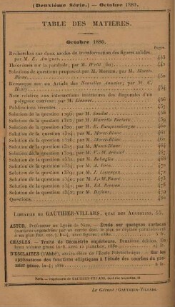 Table des matières. Octobre 1880.