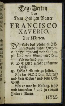 Tag-Zeiten Von Dem Heiligen Vatter Francisco Xaverio.