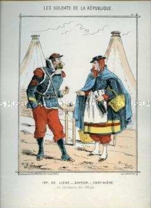 Karikatur, Marketenderin schenkt Pionier Wein ein, Frankreich, 1870, Tafel 29 aus: Les Soldats de la République. L'Armée Française en campagne.