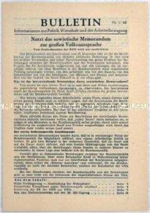 Illegales Informationsblatt der KPD "Bulletin" u.a. mit einem Aufruf der KPD zu einer Volksaussprache über das Memorandum der Sowjetunion vom 27.12.1961 hinsichtlich eines Friedensvertrages mit Deutschland