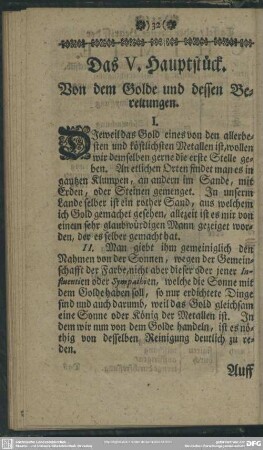 Das V. Hauptstück. Von dem Golde und dessen Bereitungen