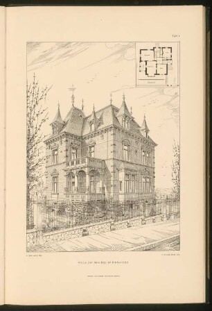 Villa Jacob Ferckel, Pirmasens: Grundriss und perspektivische Ansicht (aus: Stadt- und Landhäuser, hrsg. von Ernst Wasmuth, Berlin 1894)