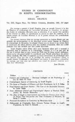 433, Studies in Criminology in Scripta Hierosylmatina, par Israël Drapkin