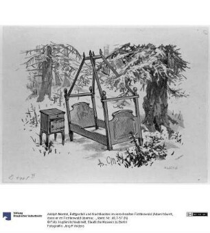 Bettgestell und Nachtkasten im verschneiten Fichtenwald (Adam träumt, dass er im Fichtenwald übernachten müsste), zu Heinrich von Kleist "Der Zerbrochene Krug"