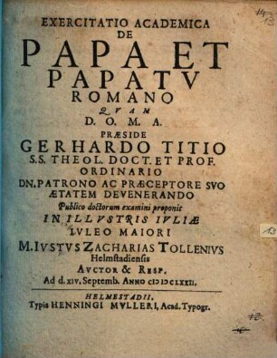 Exercitatio acad. de papa et papatu Romano