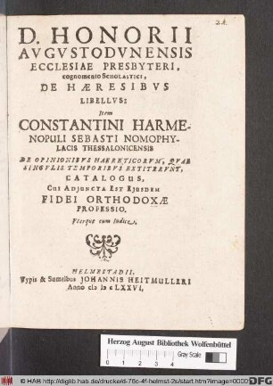 D. Honorii Augustodunensis Ecclesiae Presbyteri, cognomento Scholastici, De Haeresibus Libellus