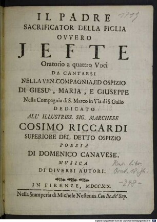 Il padre sacrificator della figlia ovvero Jefte