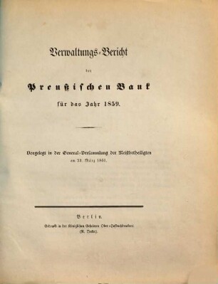 Verwaltungsbericht der Preussischen Bank. 1859 (1860)