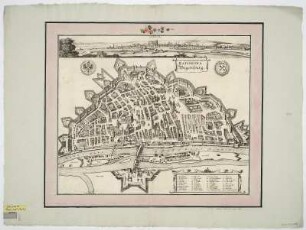 Plan und Ansicht von Regensburg, 1:4 700, Radierung, um 1682 : Ratisbona = Regenspurg. - [Ca. 1:4 700]. - [Amsterdam] , [um 1682]. - 1 Vogelschauplan : Radierung u. Kupferst. ; 49 x 35 cm, Gesamtgr. 49 x 41 cm Titelkartusche oben rechts. - Ohne Kt.-Netz. - Mit Gebäudeverz. - Mit 2 Wappen. - Mit 1 Stadtansicht: Regenspurg