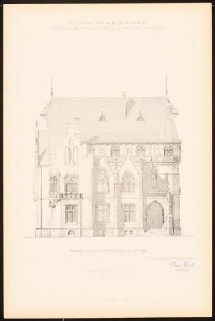 Herrschaftliche Villa: Hauptansicht (aus: C. Schäfer, Die Bauhütte, Entwürfe im Stile des Mittelalters, 3. Bd., 1895, Blatt 41)