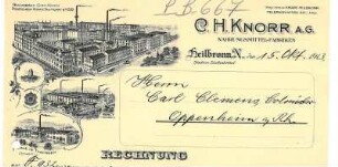 Rechnung der Fa. C.H. Knorr mit Firmenansichten (Fabriken in HN, Nancy u. Thayngen)