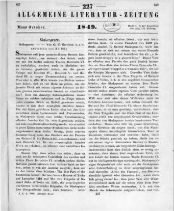 Gervinus, G. G.: Shakespeare. Bd. 1. Leipzig: Engelmann 1849 (Beschluss von Nr. 226)