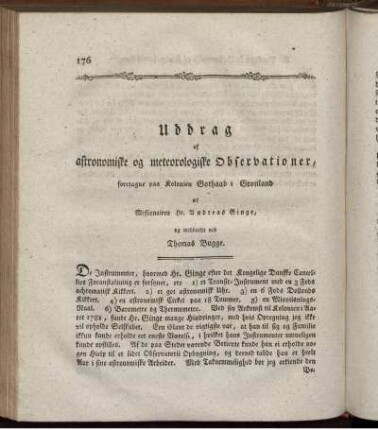 Uddrag af astronomiske og meteorologiske Observationer, foretagne paa Kolonien Gothaab i Gronland...