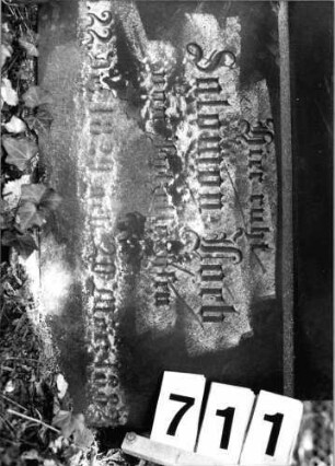 Grabstein 711 (Index: 99802128) Material: Sandstein Zustand: besonders Sockel verwittert Maße HxBxT: 129x55x21 cm Beschreibung: Sockel, Stele mit verdachtem Giebel, Inschriftentafel mit abgeschrägten Ecken Symbolik: Stern, Rosen: Grabstein 711 (Detailaufnahme 2)