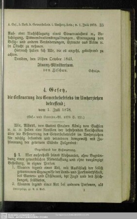 4. Gesetz, die Besteuerung des Gewerbebetriebs im Umherziehen betreffend; vom 1. Juli 1878