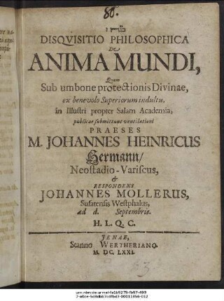 Disquisitio Philosophica De Anima Mundi
