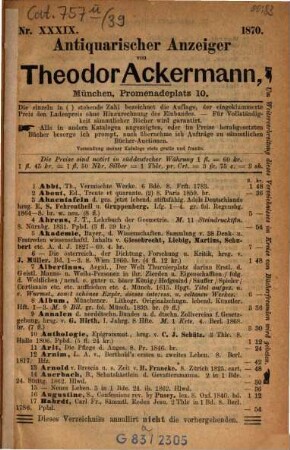 Antiquarischer Anzeiger. 39. 1870