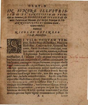 Oratio funebris de obitu illustrissimae ... principis ac Dominae D. Dorotheae Susannae, Comitis Palatinae ...