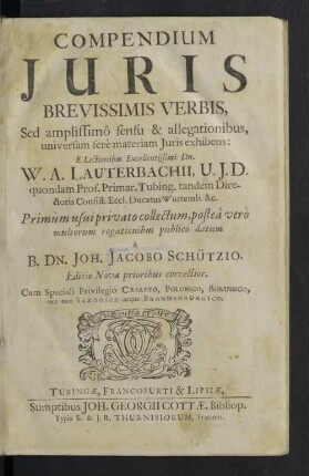 Compendium Juris Brevissimis Verbis, Sed amplissimô sensu & allegationibus, universam ferè materiam Juris exhibens