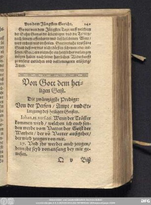 Von Gott dem heiligen Geist. Die zwäntzigste Predigt: Von der Person/ Ampt/ und Erlangung deß heiligen Geistes.