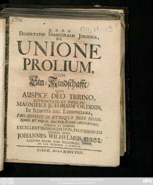 Dissertatio Inauguralis Juridica, De Unione Prolium, Vulgo Ein-Kindschafft