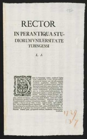 Rector In Perantiqua Studiorum Vniuersitate Tubingensi L. S.