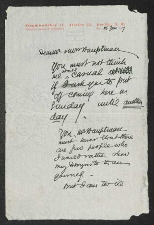 Brief von Edward Gordon Craig an Gerhart Hauptmann