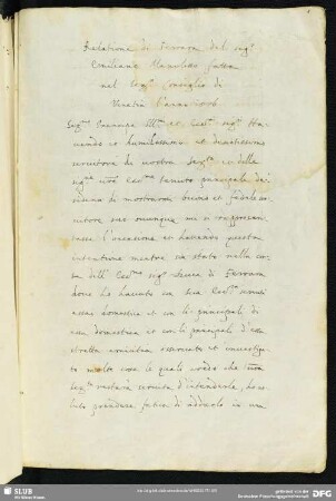 [Text:] Relazione di Ferrara del signor Emiliano Manolesso fatta nel serenissimo consiglio di Venezia lʼanno 1576