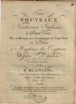 Trois nouveaux nocturnes italiens : à 2 voix ; oeuv. 23 de nocturnes ; mis en musique avec accompagnement de piano forte ...