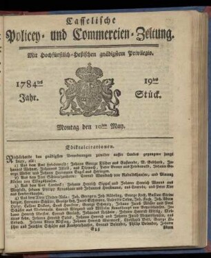 19tes Stueck, Montag den 10ten May. 1784