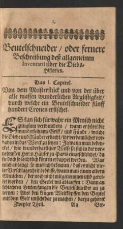 Beutelschneider/ oder fernere Beschreibung deß allgemeinen Inventarii über die Diebs-Historien.