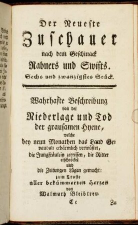 Der neueste Zuschauer nach dem Geschmack Rabners und Swifts. Sechs und zwanzigstes Stück.