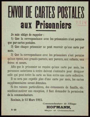 "Envois des Cartes Postales aux Prisonniers" (Nr. 69, Vorderseite, gedruckt)