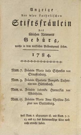Anzeige der vier katholischen Stiftsfräulein des löblichen Ritterorts Gebürg, welche in dem wirklichen Präbendgenuß stehen : Num. 7. Fräulein Maria Luisa Schenkin von Stauffenberg, Num. 9. Fräulein Charlotta Franziska Lochnerin von Hüttenbach, Num. 11. Fräule in Ludovika Horneckin von Weinheim, Num. 17. Fräulein Maria Anna Christina Felizitas von Guttenberg ... Anzeige der vier evangelischen Stiftsfräulein des löblichen Ritterorts Gebürg, welche in dem wirklichen Präbendgenuß stehen: Num. 4. Fräulein Charlotta Karol. Frider. von Reitzenstein zu Fischbach ...