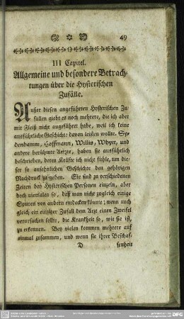 III Capitel. Allgemeine und besondere Betrachtungen über die Hysterischen Zufälle
