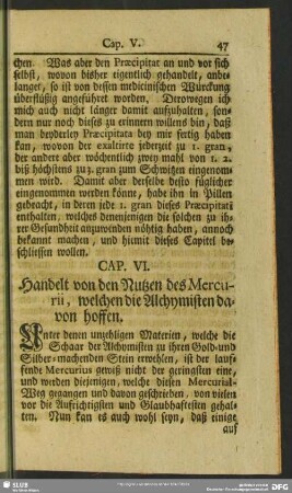 Cap. VI. Handelt von den Nutzen des Mercurii, welchen die Alchymisten davon hoffen