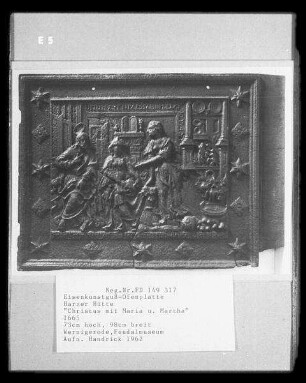 Eisenkunstguss-Ofenplatte: Christus mit Maria und Martha