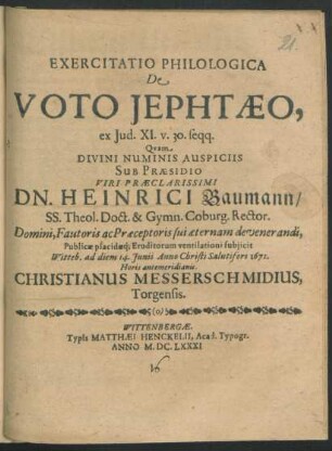 Exercitatio Philologica De Voto Jephthaeo, ex. Jud. XI. v. 30. seqq.