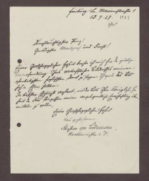 Schreiben von Heinrich von Bodman an Prinz Max von Baden; Dank für die Zusendung eines Bildes