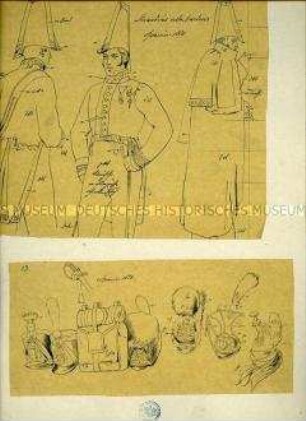 Uniformdarstellung, Skizzen mit Farbangaben von Uniformen der Guardias Alabarderos und von Helmen der verschiedenen Reiter-Regimenter, Spanien, 1830.