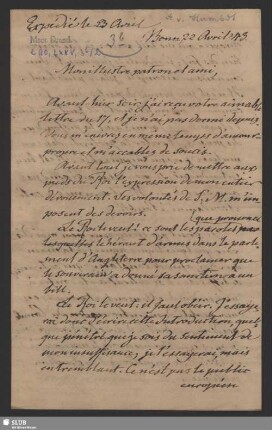 3b(2): Briefentwurf Schlegels an A. Humboldt; dat. Bonn, 22.04.1843.