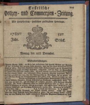 52tes Stueck, Montag den 28ten December. 1789