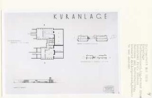 Kuranlage (Diplomarbeit bei Kurt Dübbers): Badehaus, Kurverwaltung, Grundriss Kellergeschoss, Ansicht von Norden und Schnitte 1:200