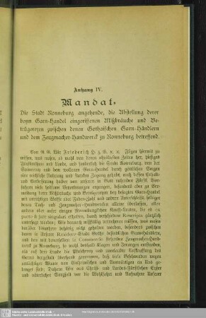 Anhang IV. Mandat. Die Stadt Ronneburg angehende, die Abstellung derer beym Garn-Handel eingerissenen Mißbräuche ... betreffend