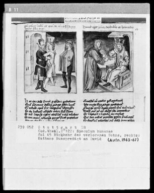 Zwei Schriften — Speculum humanae salvationis — Textseite mit zwei Miniaturen, Folio 65recto